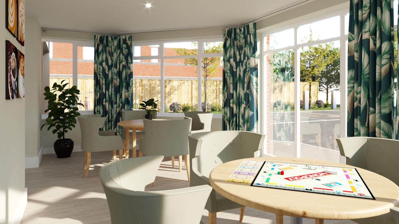 A computer generated image of a room with full length windows, dining table and chairs and various activities and games