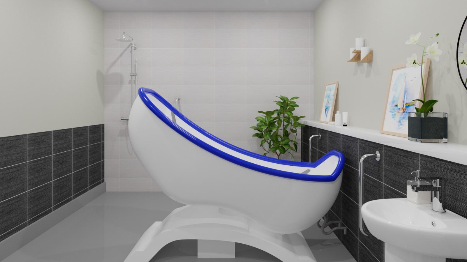 A computer generated image of a bathroom with a hydro pool bath