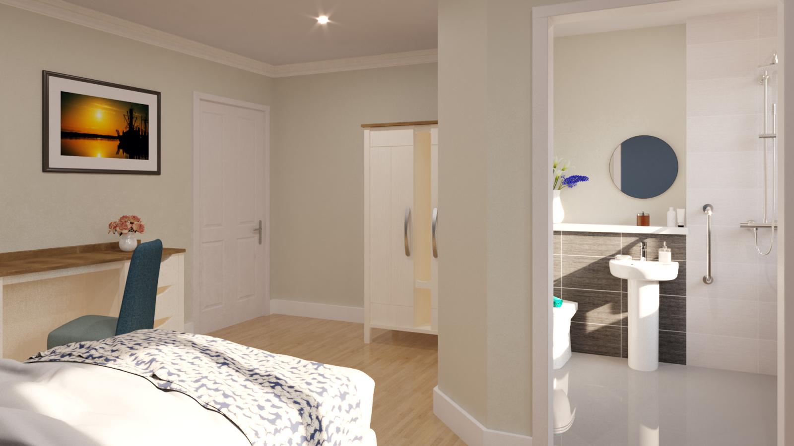 A computer generated image of a bedroom with an open door leading into an en-suite