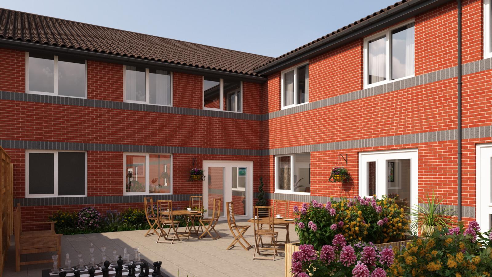 A computer generated image of the exterior of a care home with a patio area including patio tables and chairs and garden games