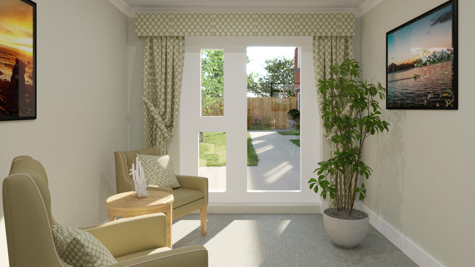 A computer generated image of a lounge with full length patio doors with two chairs