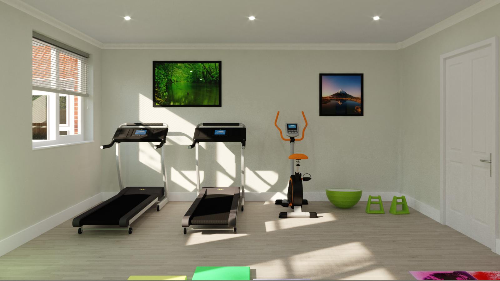 A computer generated image of a therapy room with gym equipment