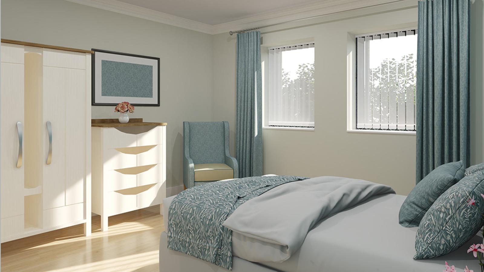 A virtual image of a bedroom with a double bed with blue bedding covers, a wardrobe and chest of drawers