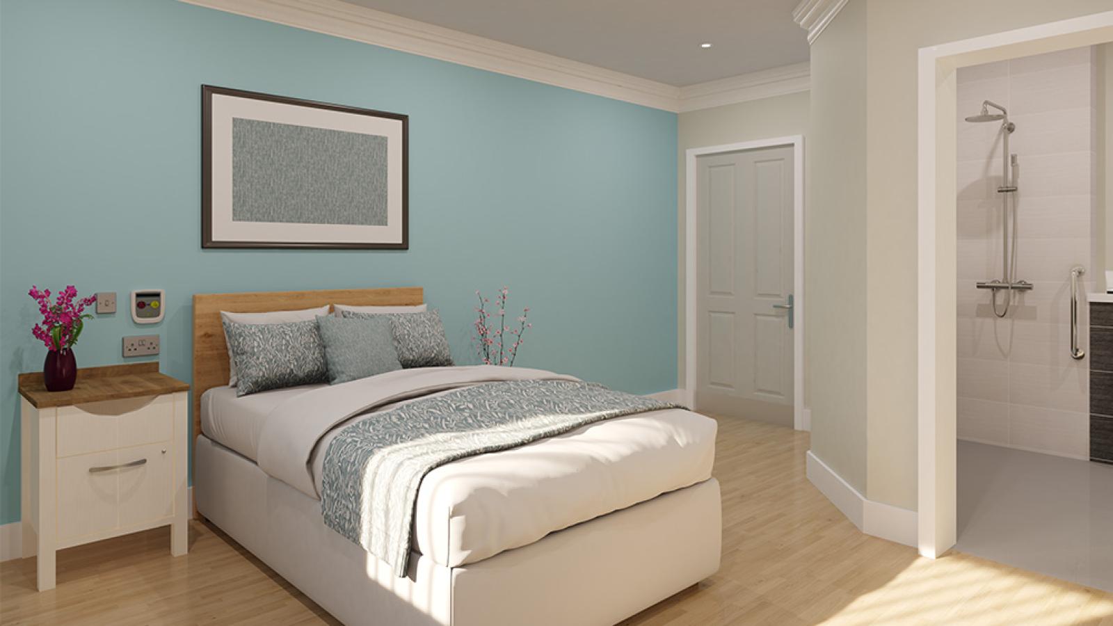 A virtual image of a bedroom with a double bed and bedside table, with a door leading into an en-suite