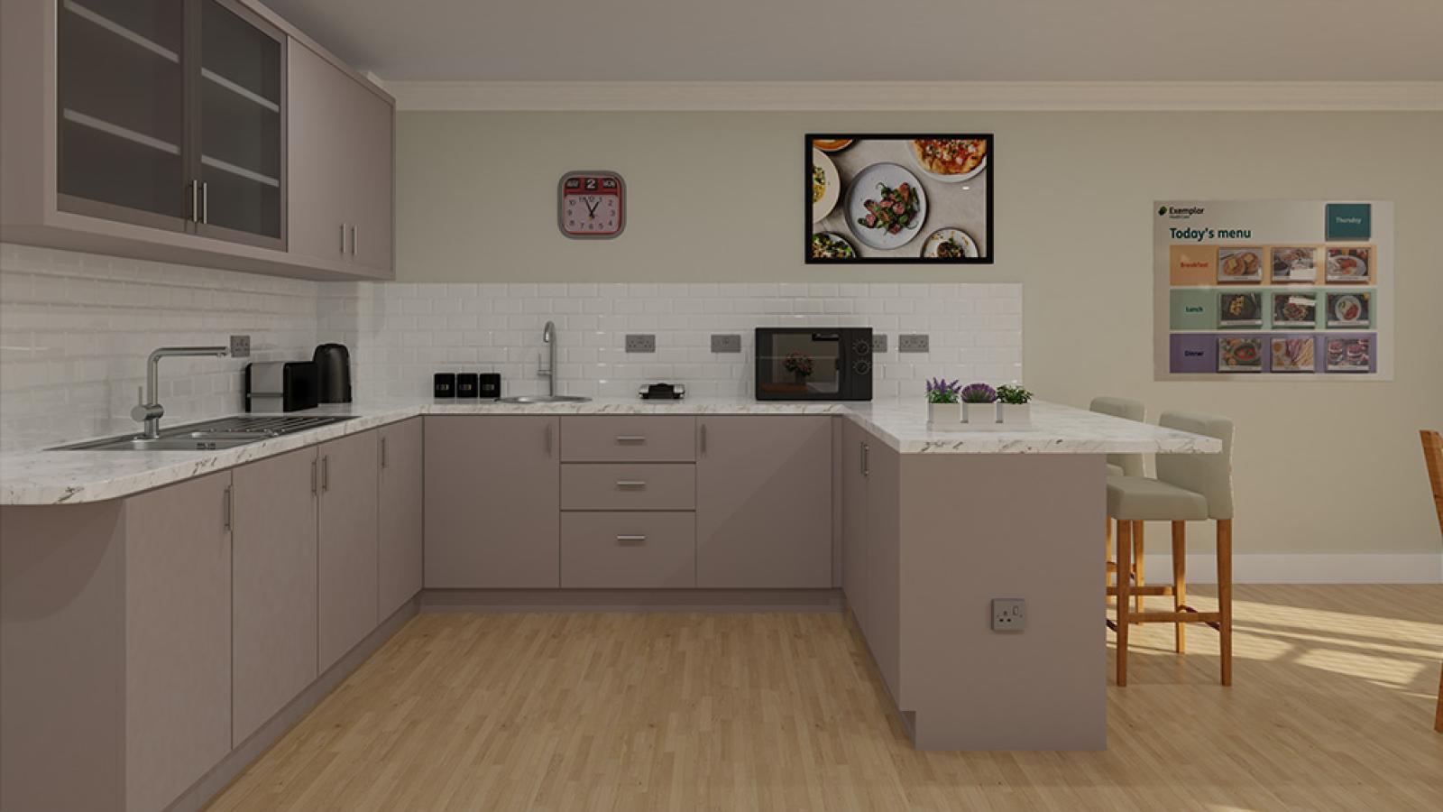 A virtual image of a kitchen/dining room area with a bar table and stool chairs