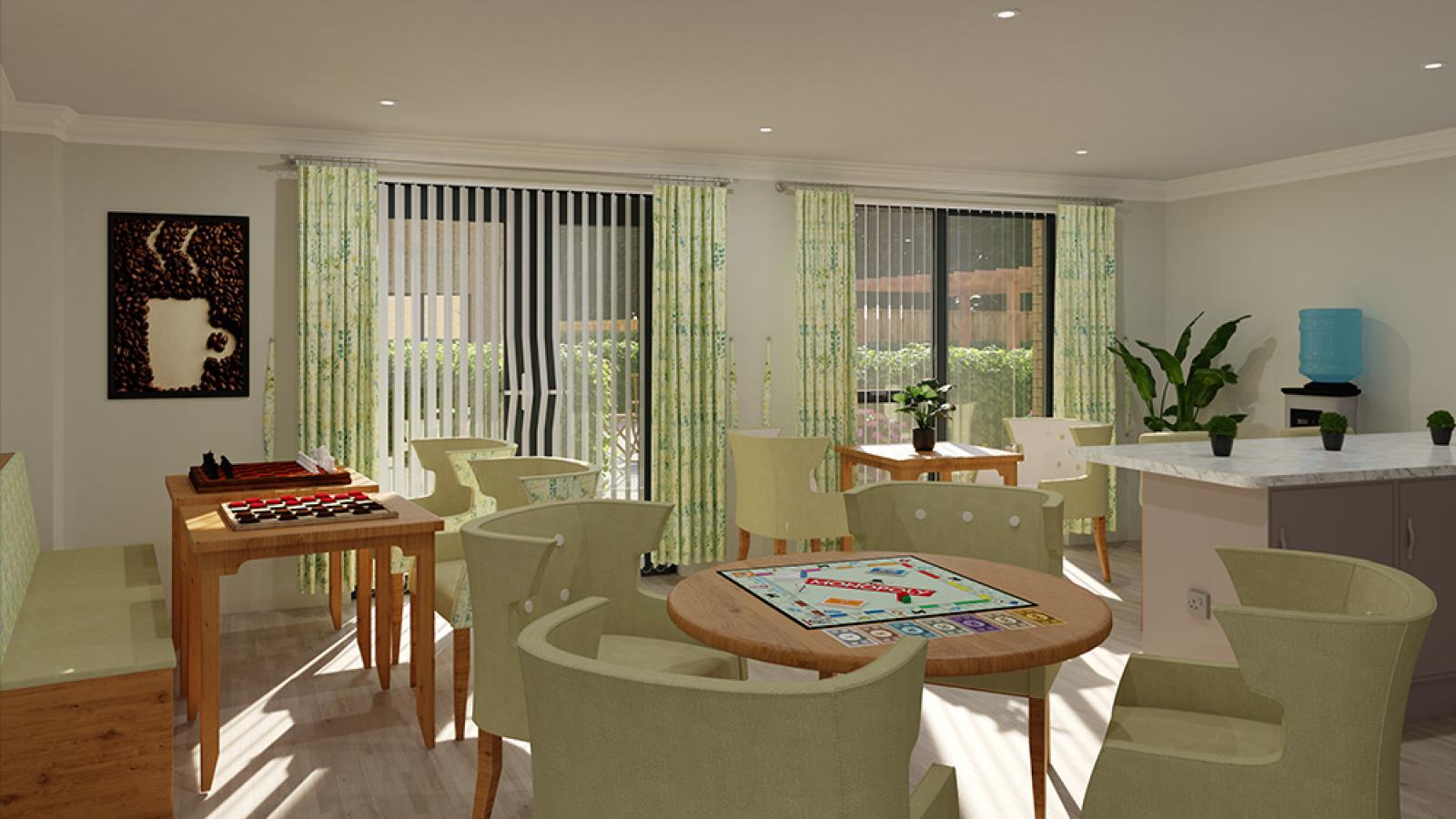 A virtual image of a room with different style tables and chair, with activities and games around the room