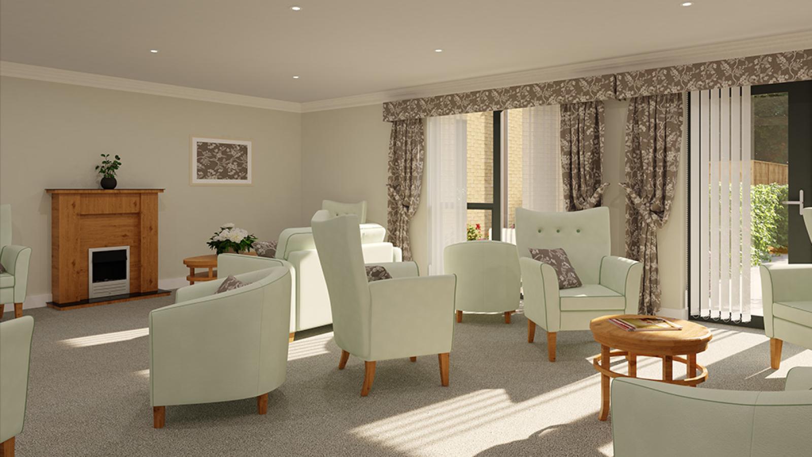 A virtual image of a lounge with tub chairs, small tables, a fireplace and sofa