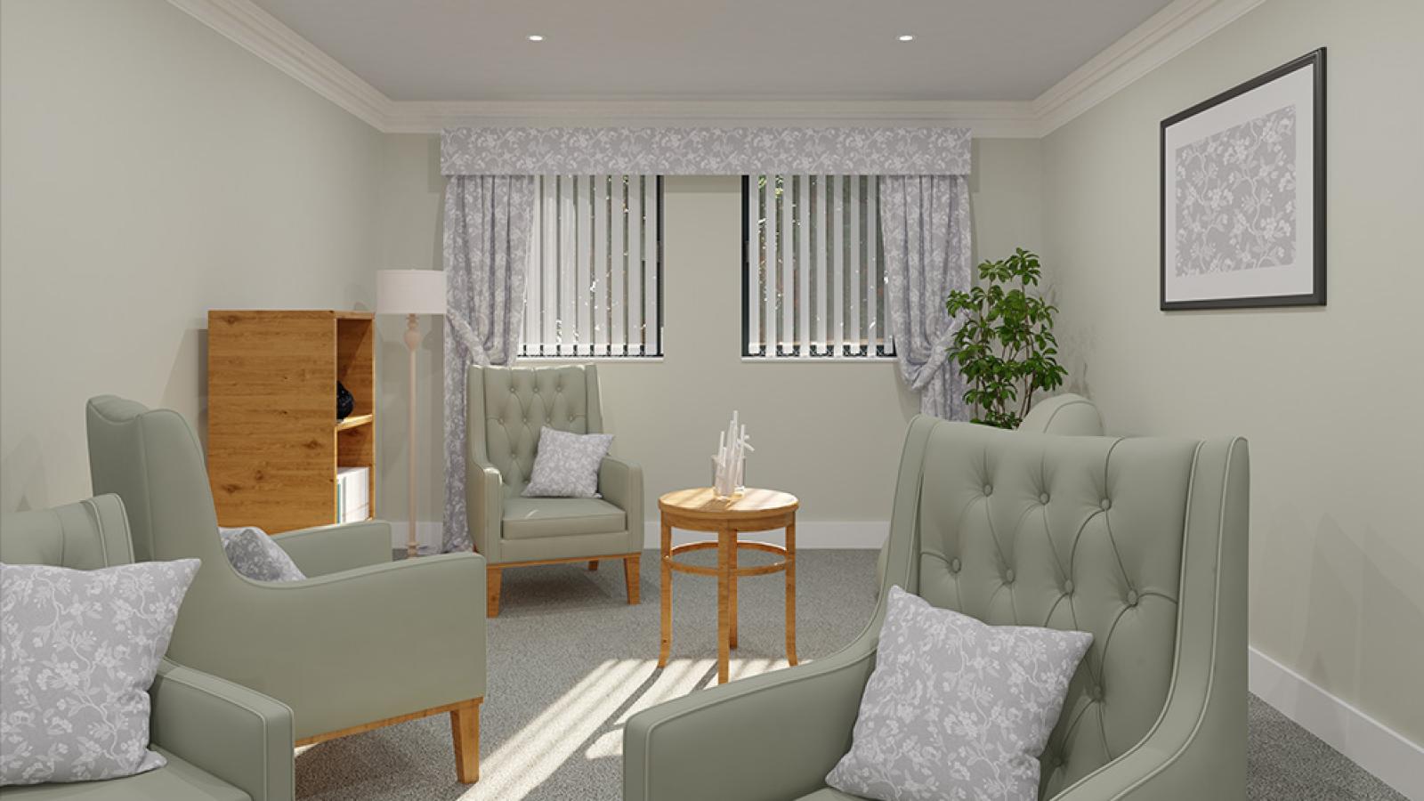 A virtual image of a lounge with high back chairs and tables