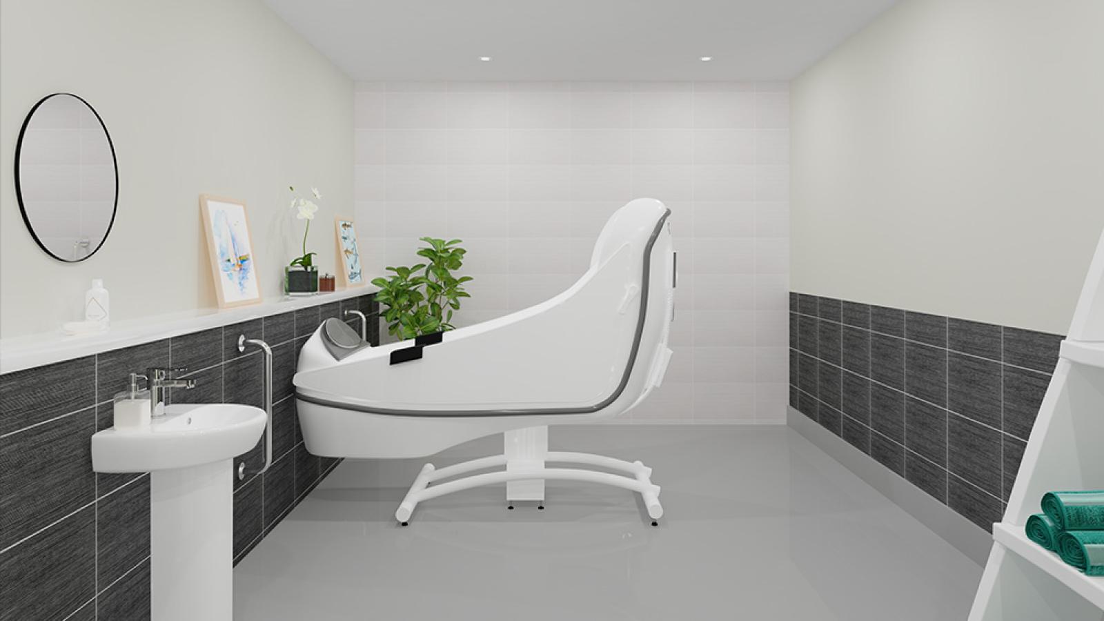 A virtual image of a bathroom with a whirlpool bath, sink and decorative items