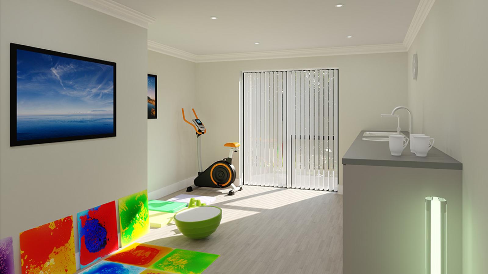 A virtual image of a therapy room with sensory mats on the floor and exercise equipment