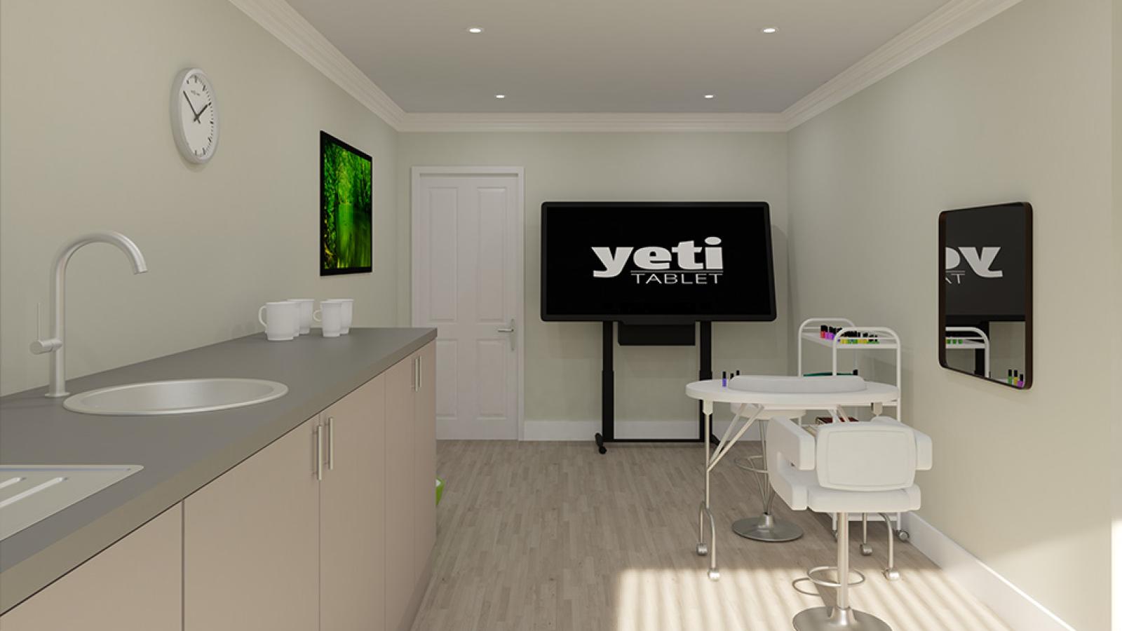 Virtual image of a therapy room with a sink, 65 inch interactive tablet, and a nail salon setup