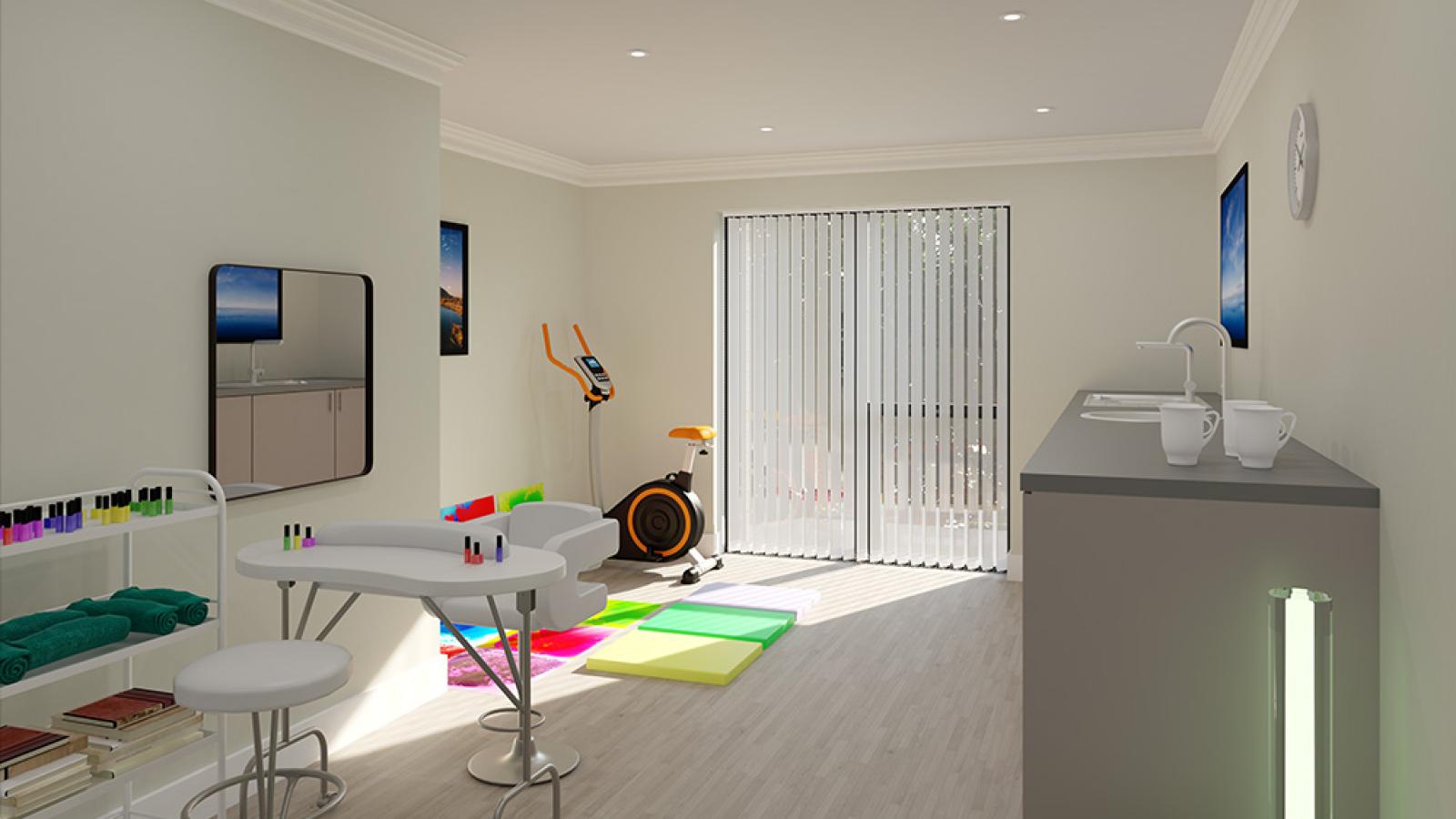 Therapy room with nail salon, exercise machine and sensory mats