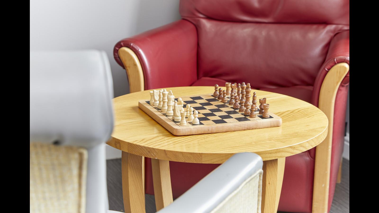 Chess board on a table at Havenmere care home