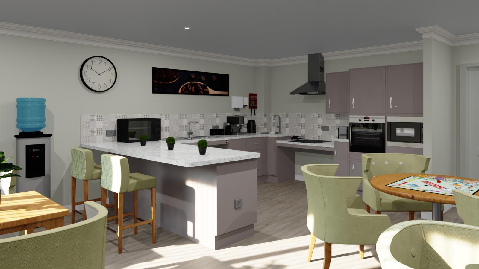 Computer generated image of an activities hub with assisted daily living kitchen, bar table, stool chairs and tub chairs