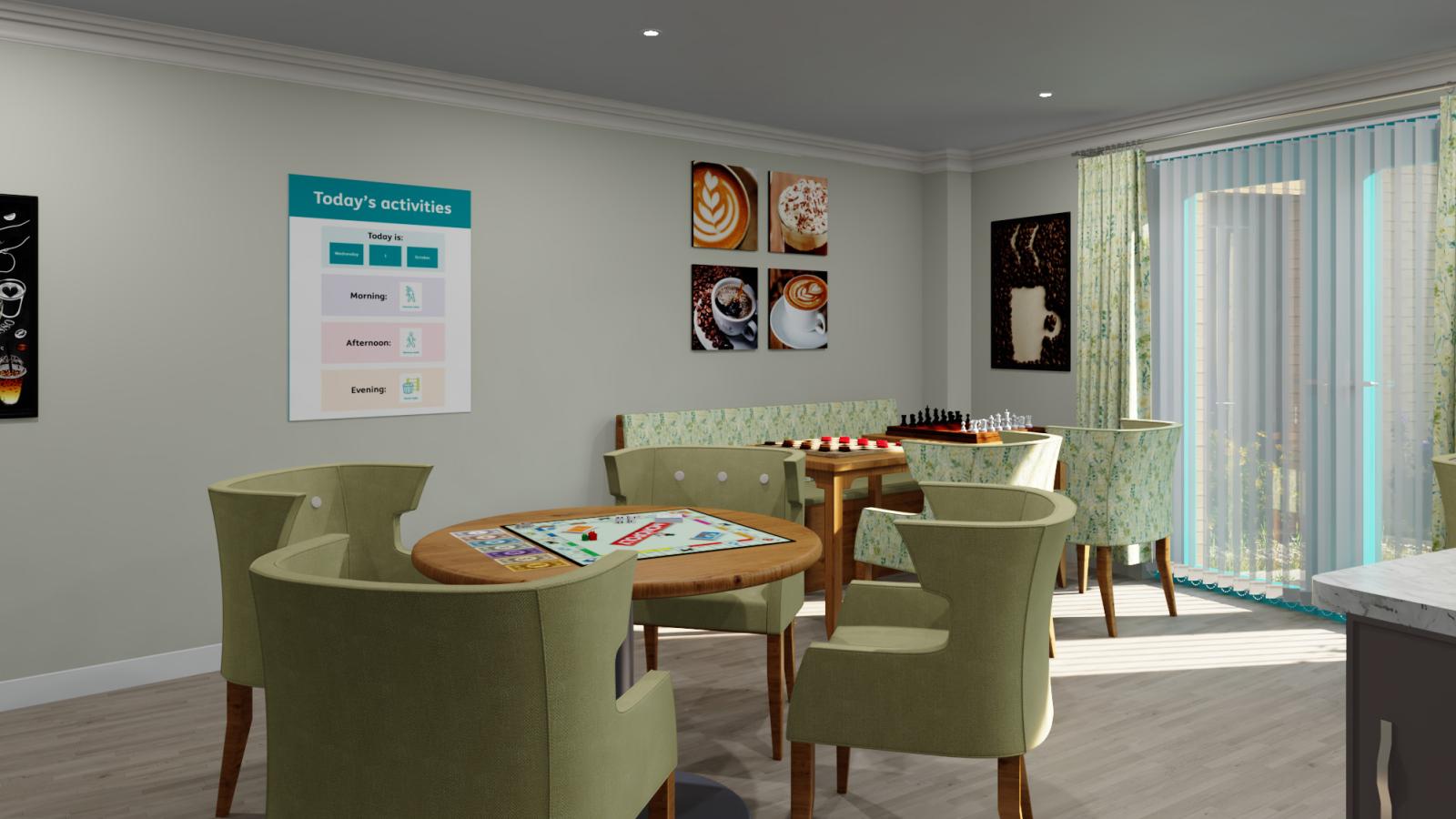 Computer generated image of an activities hub with tables and chairs