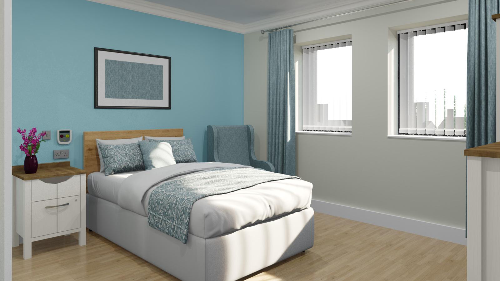 Computer generated image of a bedroom with a double bed, bedside cabinet and chair