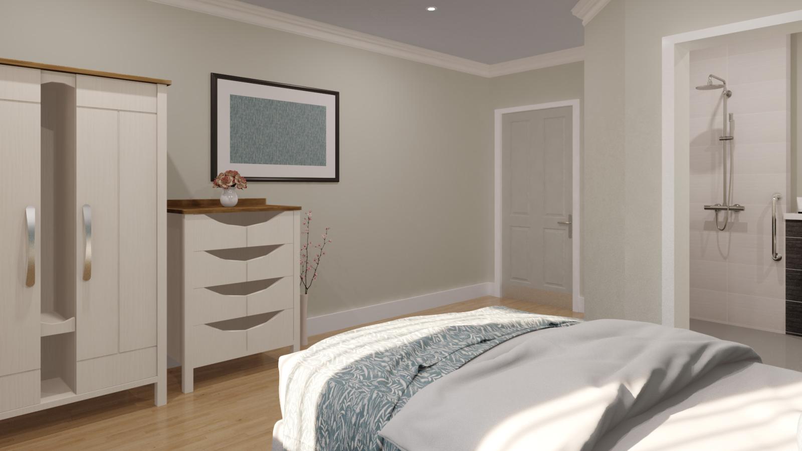 Computer generated image of a bedroom with a double bed, chest of drawers, wardrobe and an en-suite
