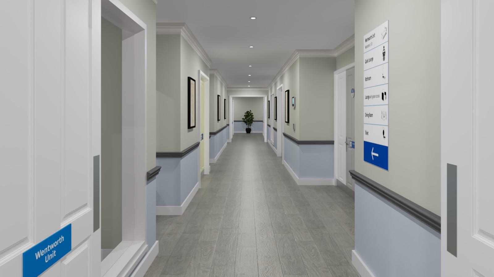 Computer generated image of a corridor with doors leading into a 'Wentworth Unit'