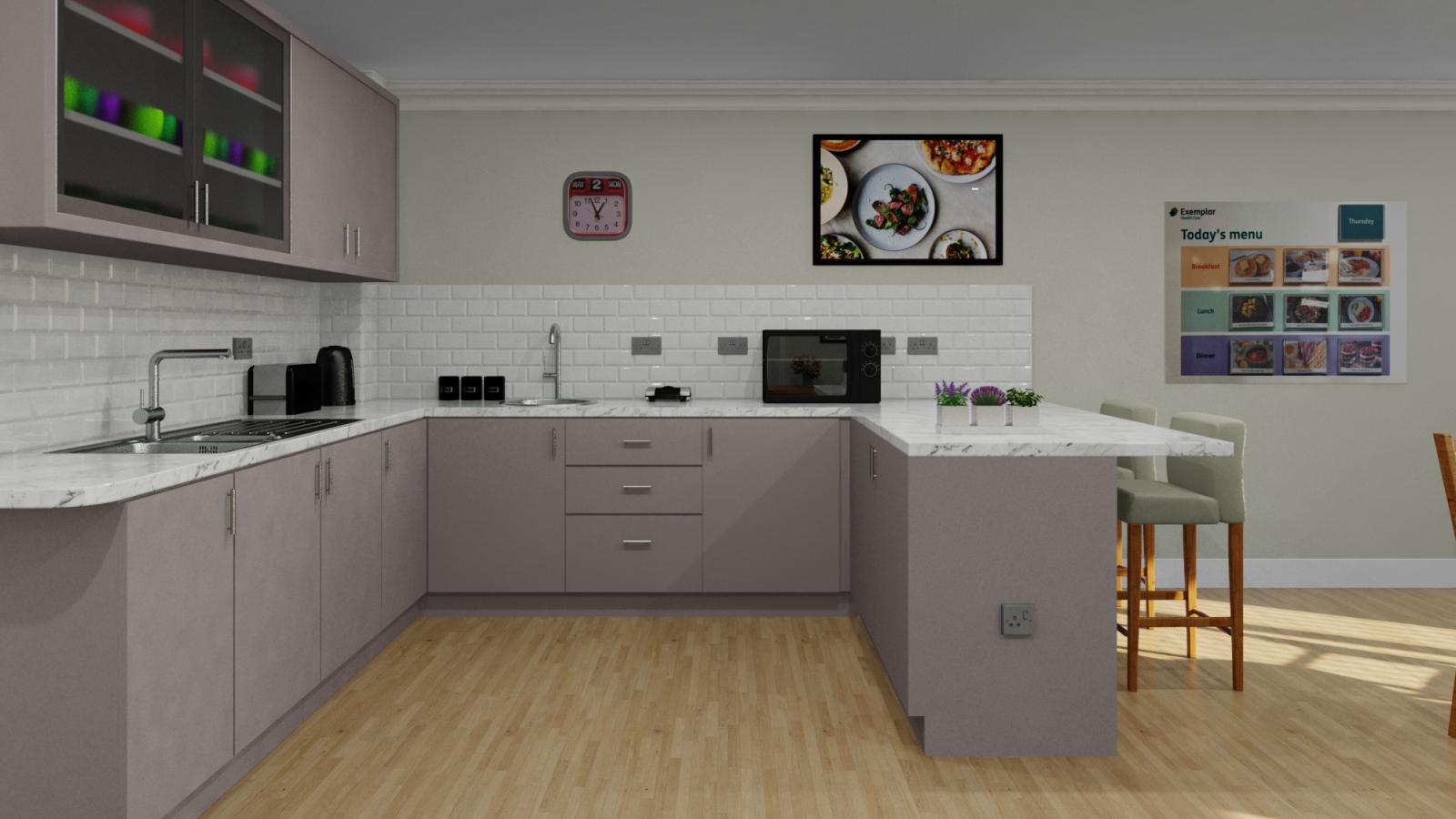 Computer generated image of a dining room with kitchen cabinets