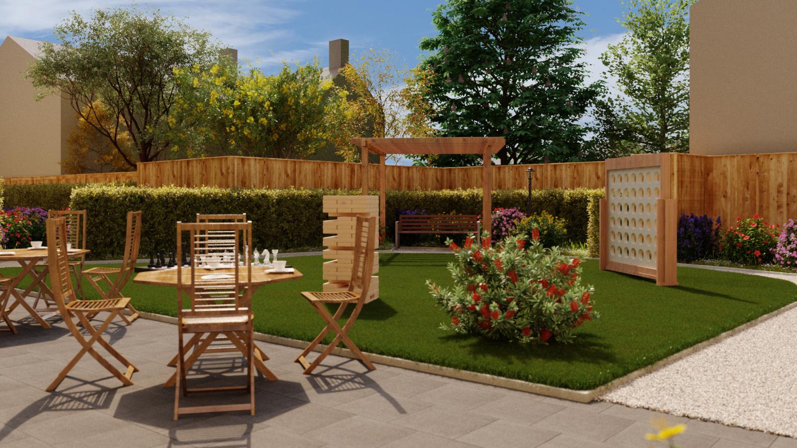 Computer generated image of a garden with wander paths, seating area and garden games