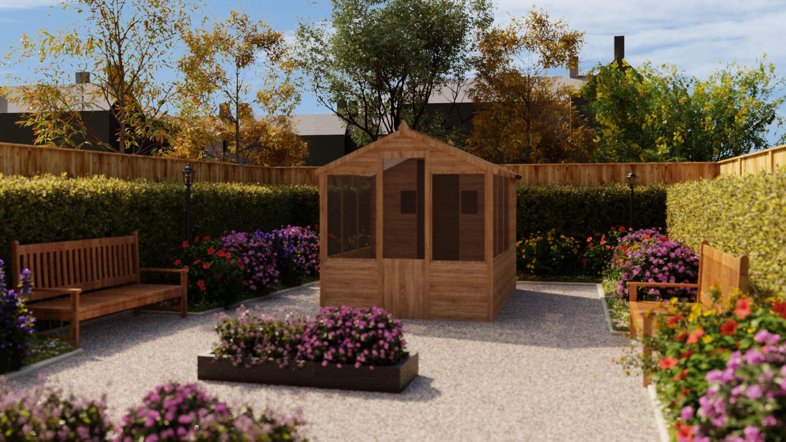 Computer generated image of a garden with a path leading to a wooden shed