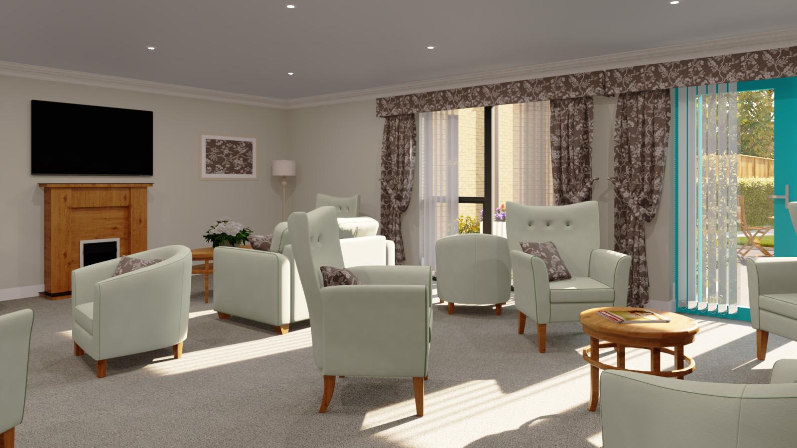 Computer generated image of a lounge with sofa, chairs, coffee table, fireplace and large TV on the wall