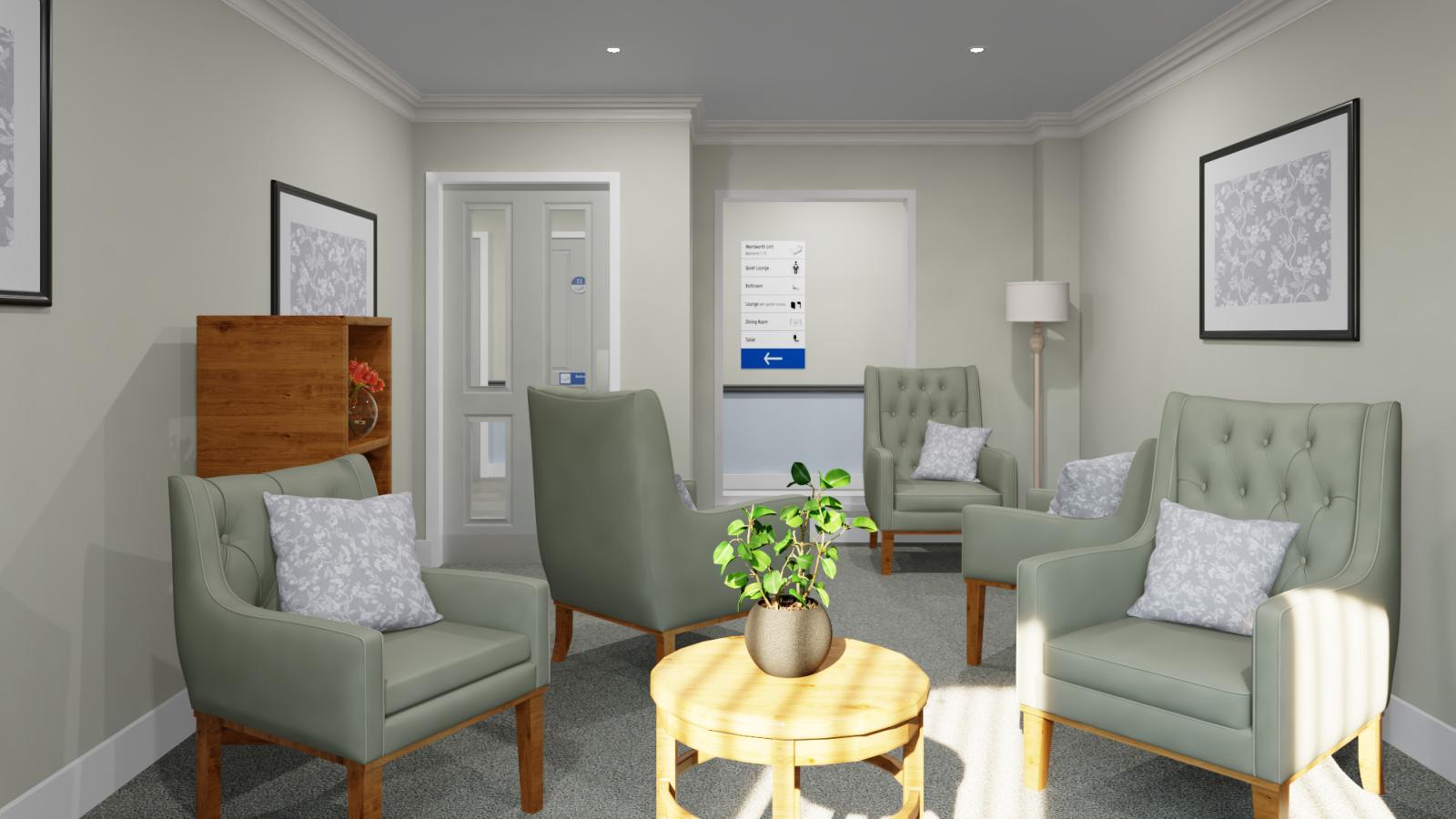 Computer generated image of a lounge with chairs and a coffee table