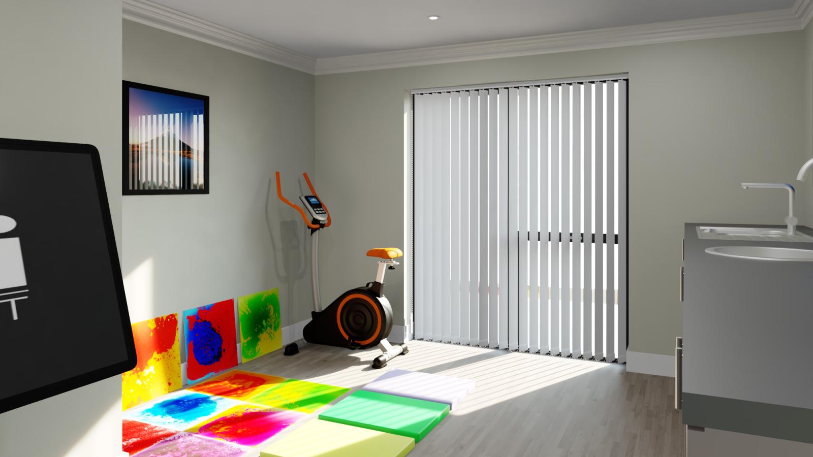 Computer generated image of a therapy room with sensory floor mats, exercise equipment and a yeti tablet