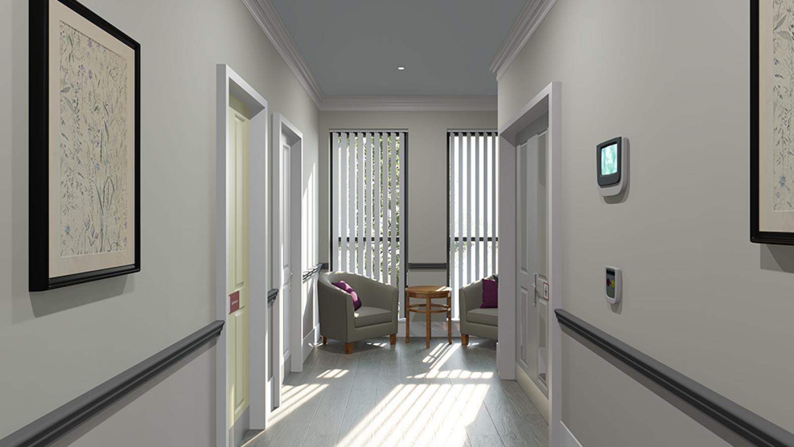 A computer-generated image of a corridor with windows at the end and a table and tub chairs