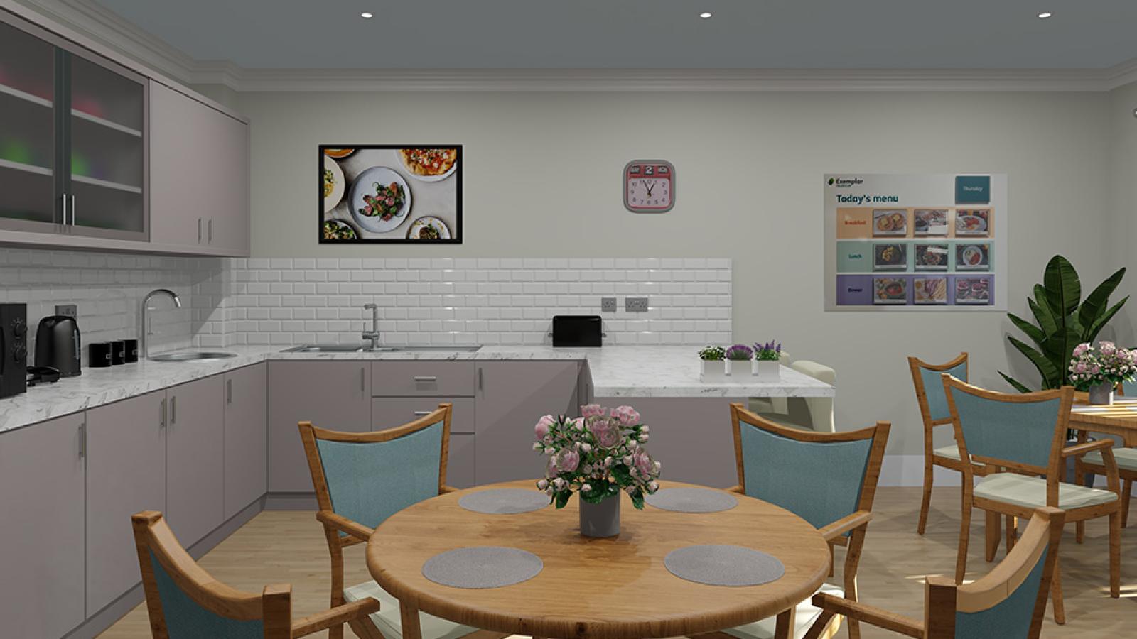 A computer-generated image of a dining room with kitchenette