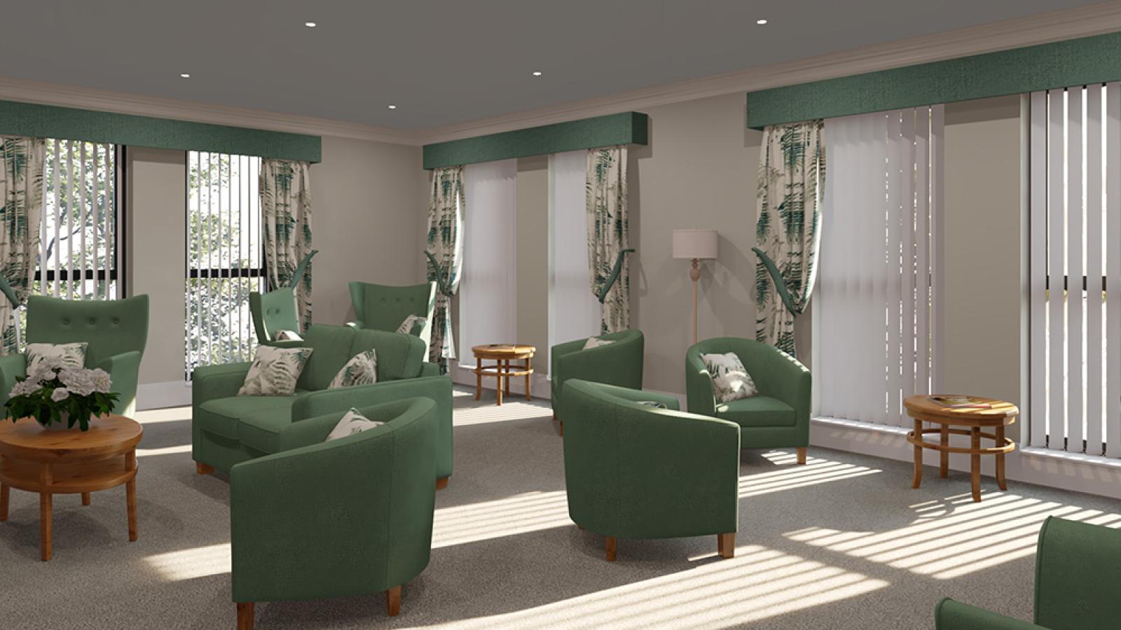 A computer-generated image of a lounge with different seating and tables