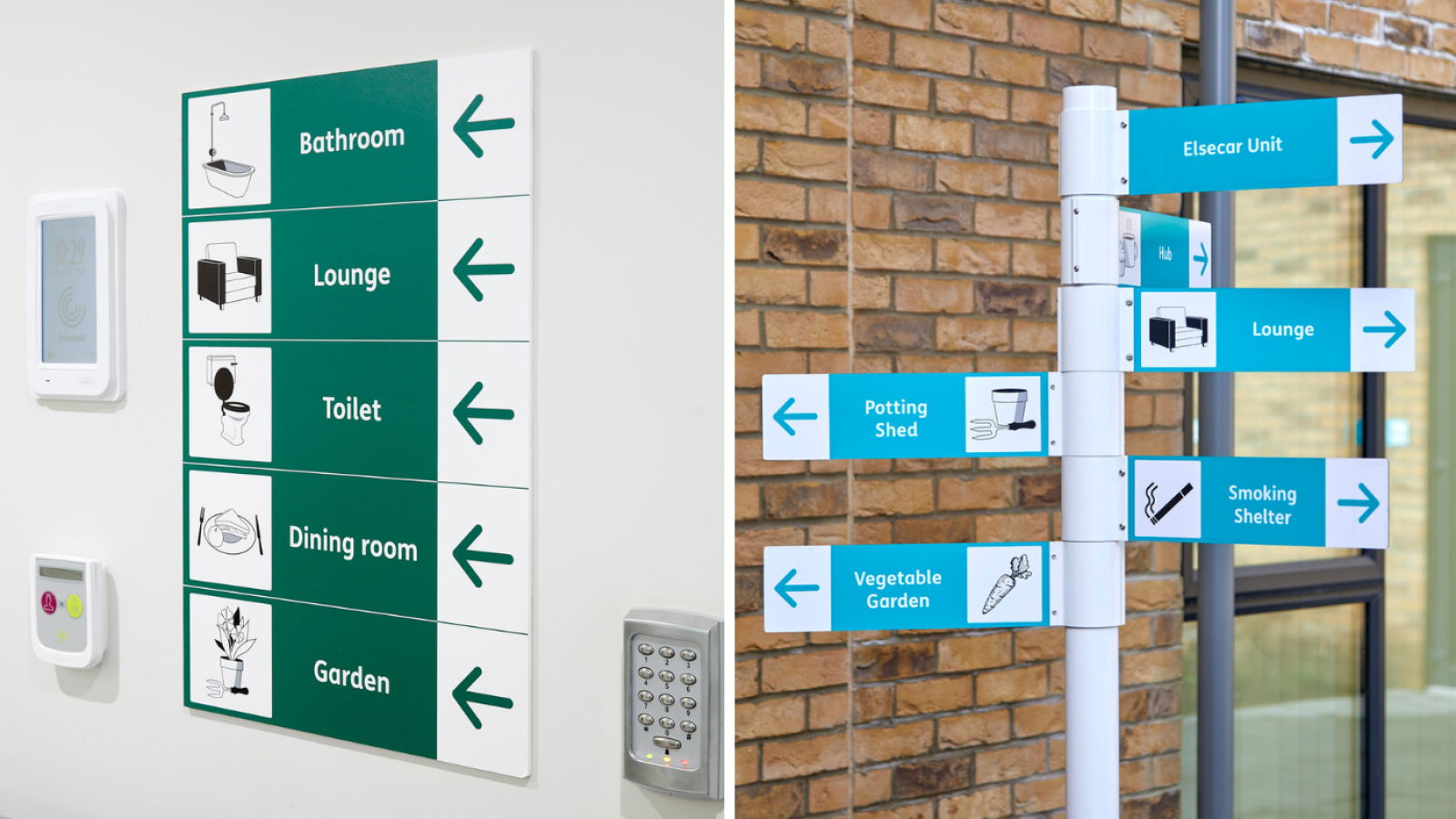 Split image: Left shows indoor signs for Bathroom, Lounge, Toilet, Dining room, Garden; right shows outdoor signs for Potting Shed, Lounge, Garden, Smoking Shelter, and "Elsecar Unit."