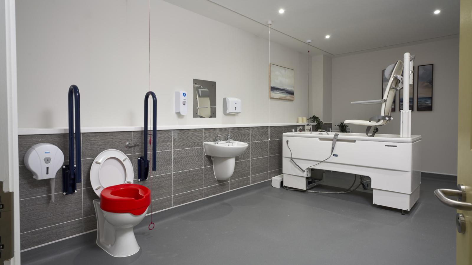 Accessible bathroom with a lowered toilet featuring red and blue support bars. It includes a wall-mounted sink and an accessible bathtub with a hoist.