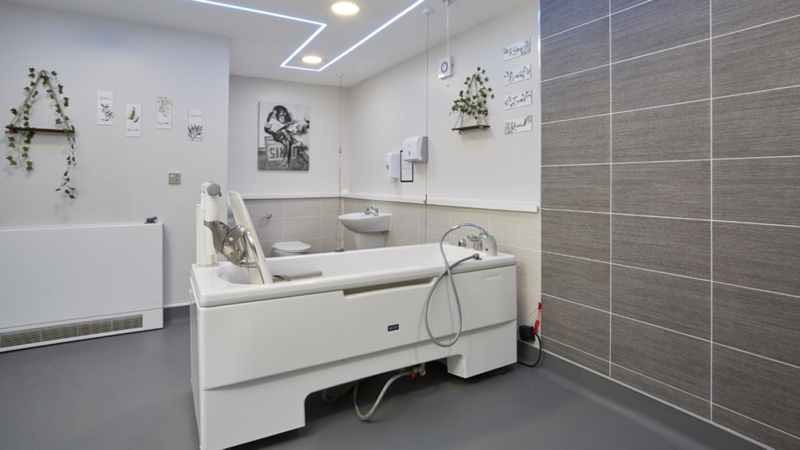 Modern bathroom with a white accessible bathtub, gray tiles, and wall decor. Ceiling lights illuminate the spacious room