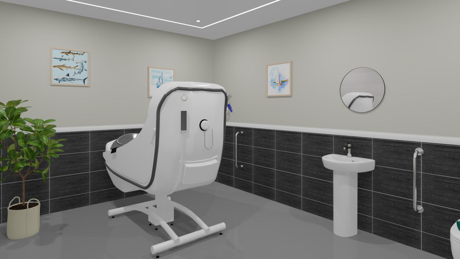 A bathroom featuring a toilet, sink, and shower, showcasing a clean and modern design.