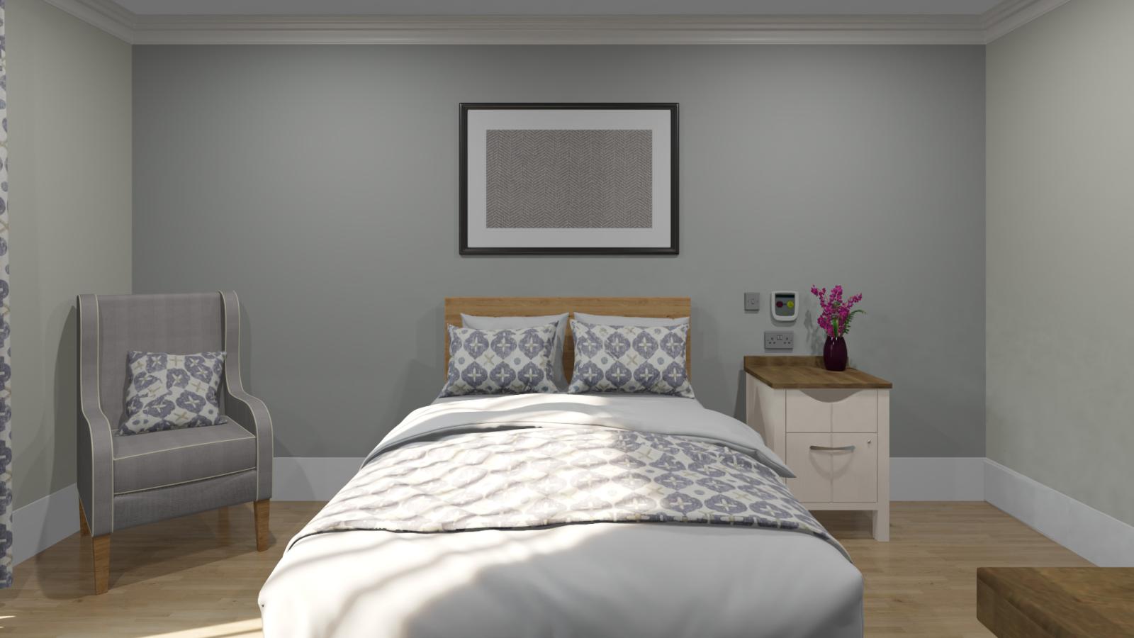 A cozy bedroom featuring a neatly made bed, a comfortable chair, and a window allowing natural light to enter.