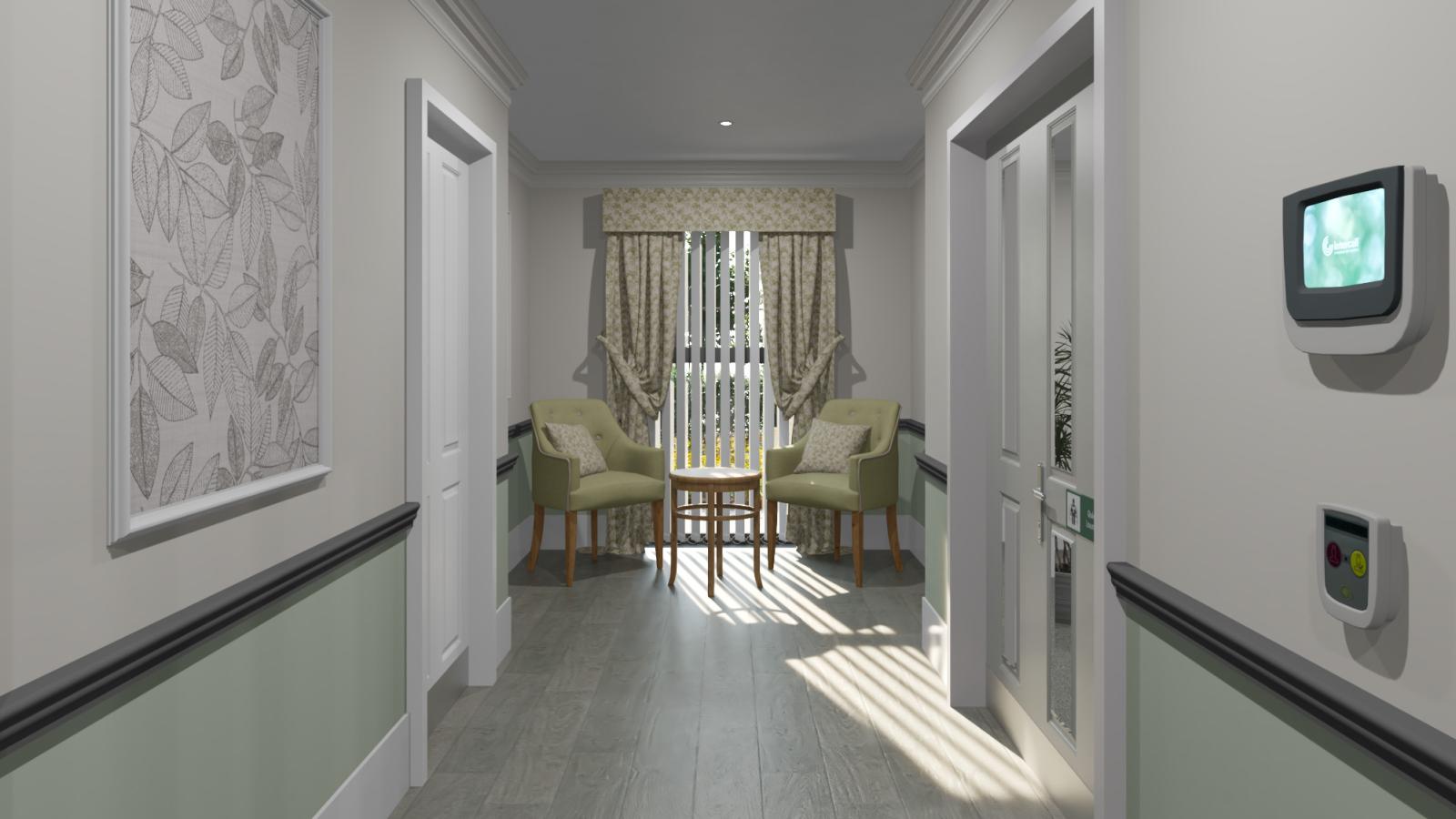 A hallway featuring a chair and a television, creating a cozy and functional space for relaxation.
