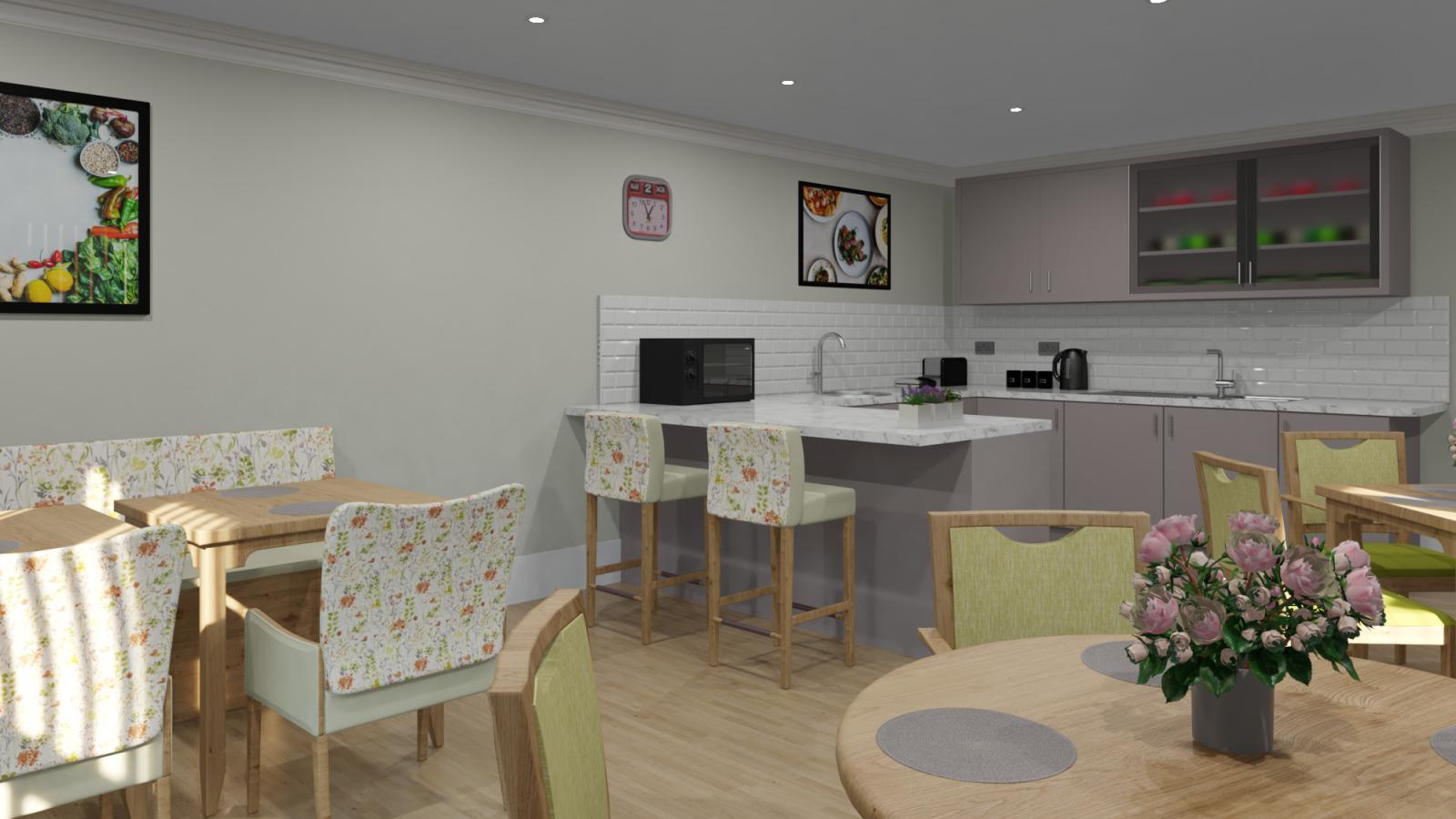 A dining room and kitchenette featuring a wooden table surrounded by four chairs, with cabinets and appliances in the background.