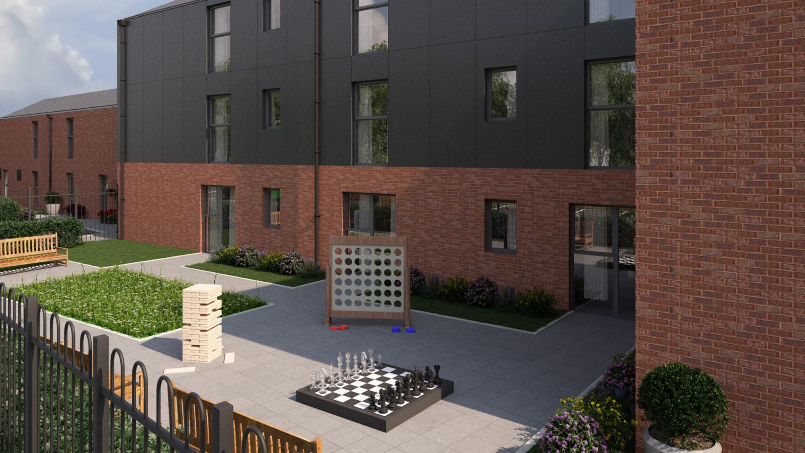 An artists impression of a modern courtyard featuring landscaped greenery, seating areas, and pathways in a new care home