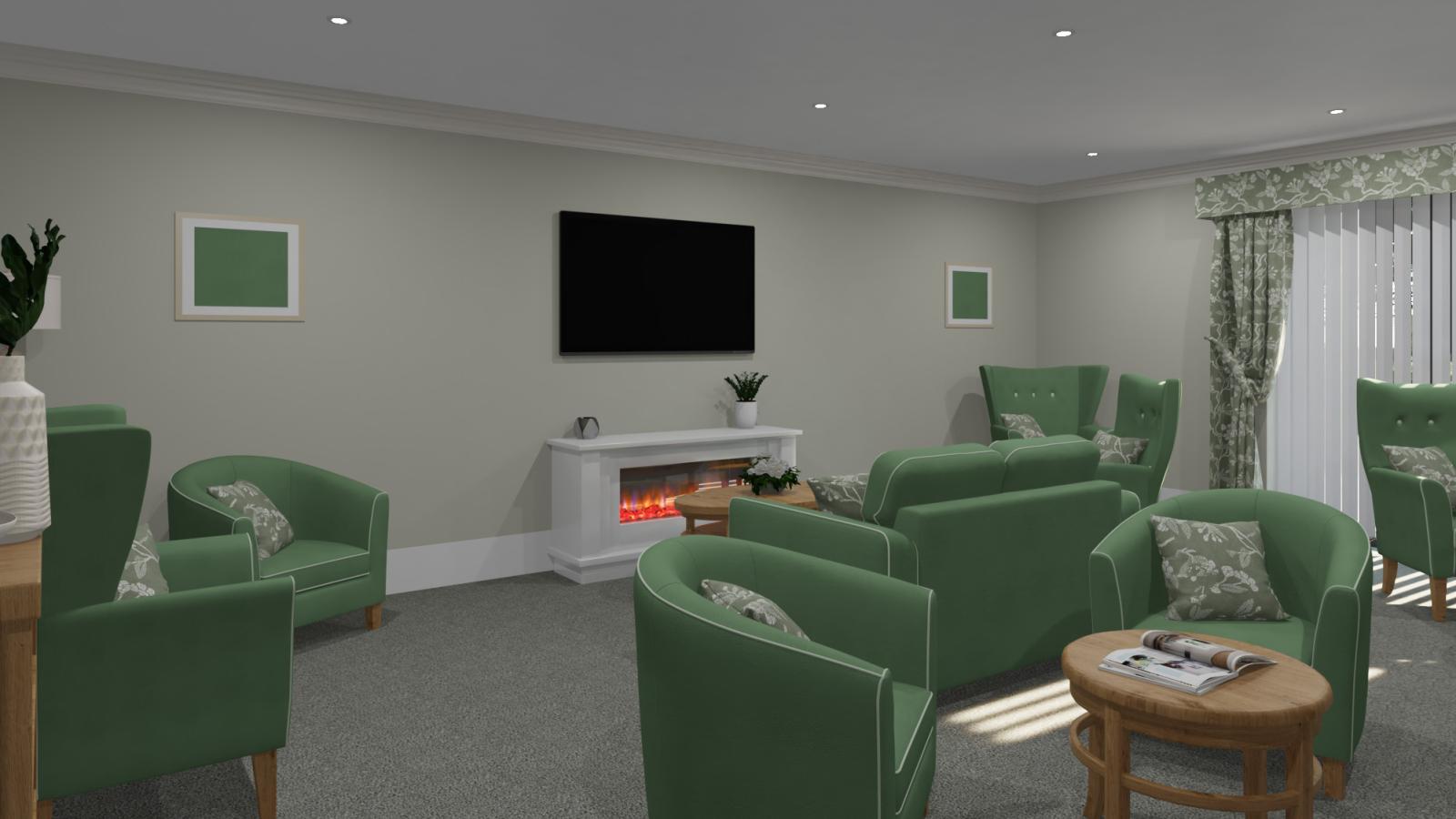 A modern living room featuring green chairs and contemporary decor elements.