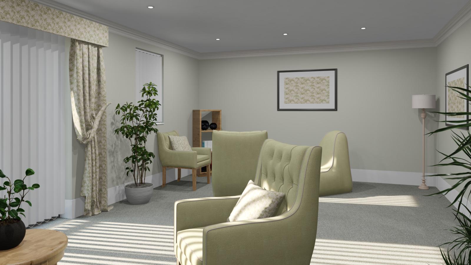 A cozy quiet lounge featuring a green couch and matching chairs, creating a welcoming atmosphere for relaxation.