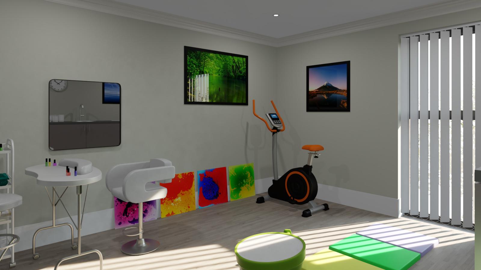 A therapy room featuring exercise equipment, a shower area, and a large mirror reflecting the space